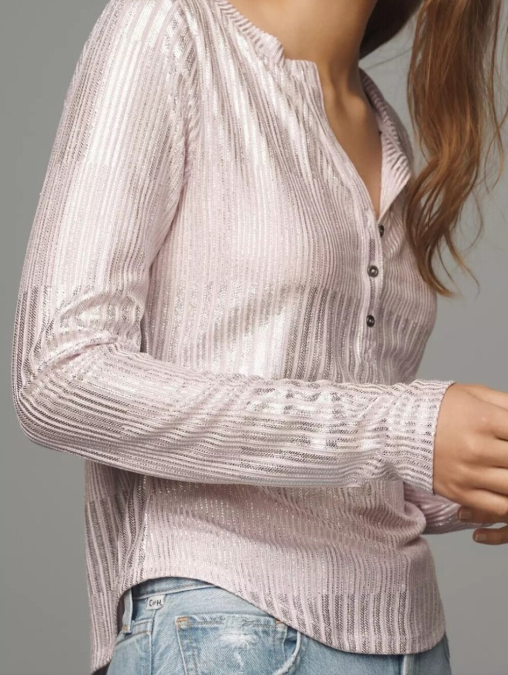 Pilcro Andie Ribbed Henley Top Shimmer Pink Metallic Long Sleeve Small